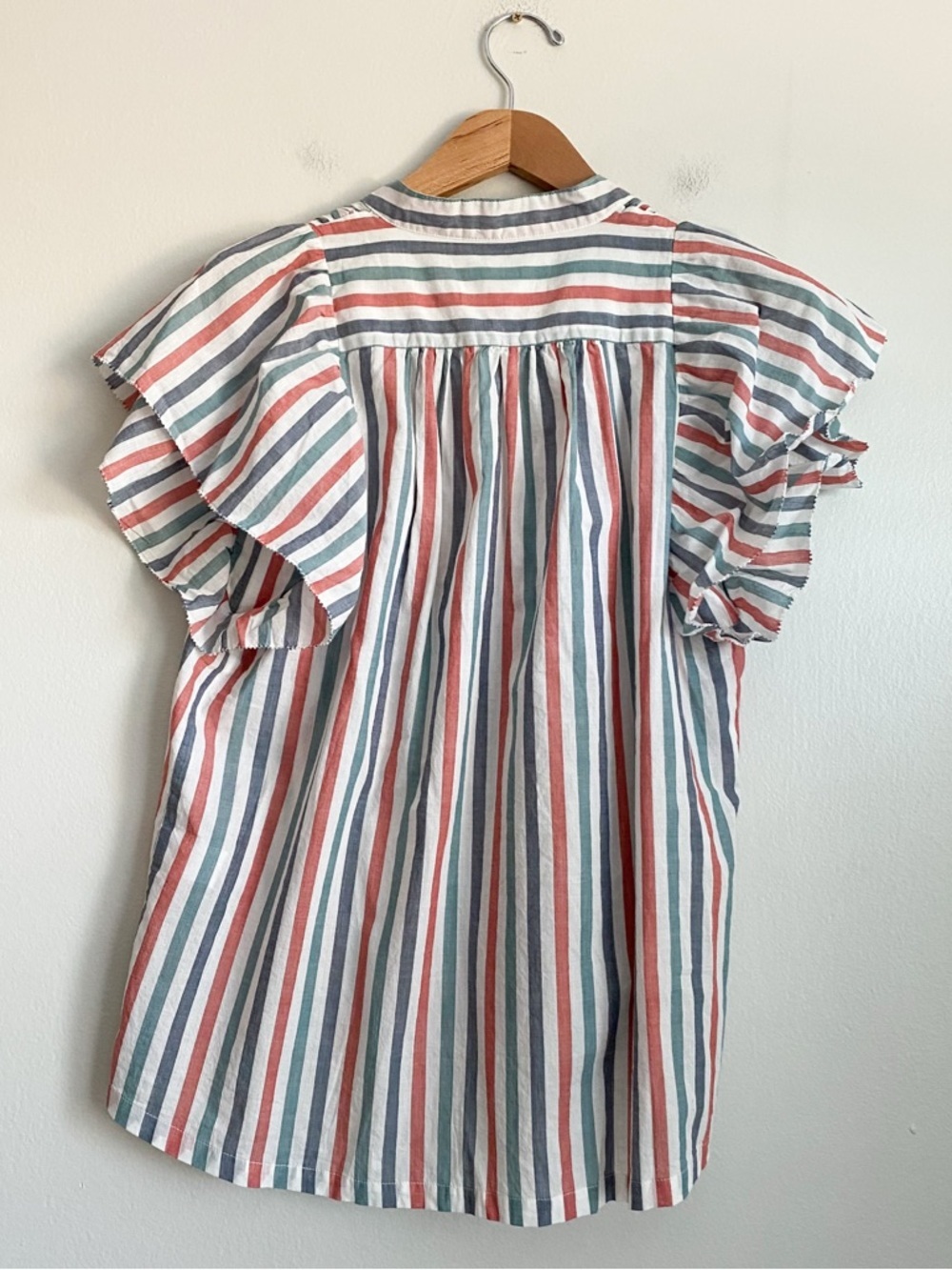Trovata Striped Blouse Shirt Top Blue Red Short Flutter Sleeves Cottage Boho S - Picture 9 of 11